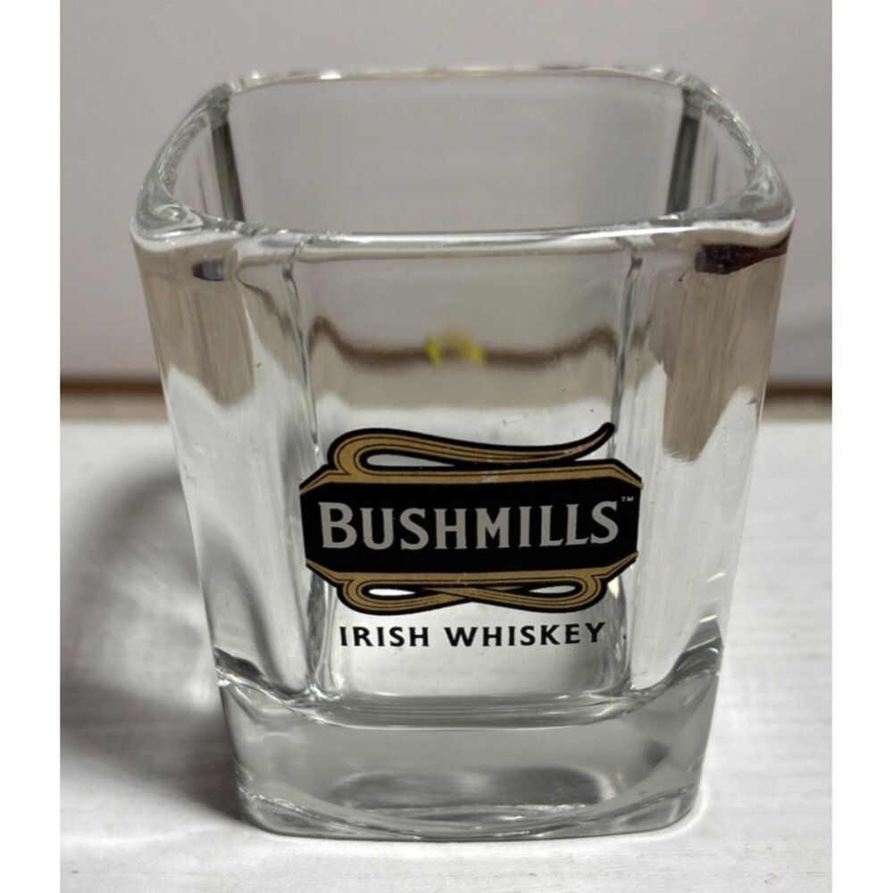Bushmills Irish Whiskey Tumbler Square Heavy Clear Glass Logo Design 3.5" Tall